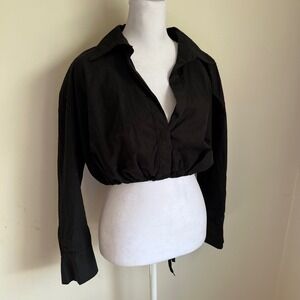 Lusana Black Cropped Cotton Poplin Button Down Shirt Elastic Hem Size S NWT